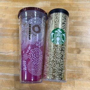 Two Starbucks cups glitter bubble gold and metallic plastic lid cold cup